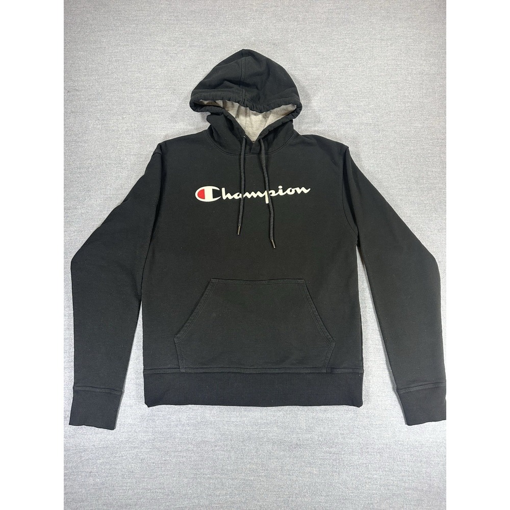 Champion Powerblend Hoodie Mens M Black Script Logo Pullover Fleece Sweatshirt